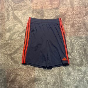 Navy Blue Athletic Shorts with Red Stripes and Elastic Waistband